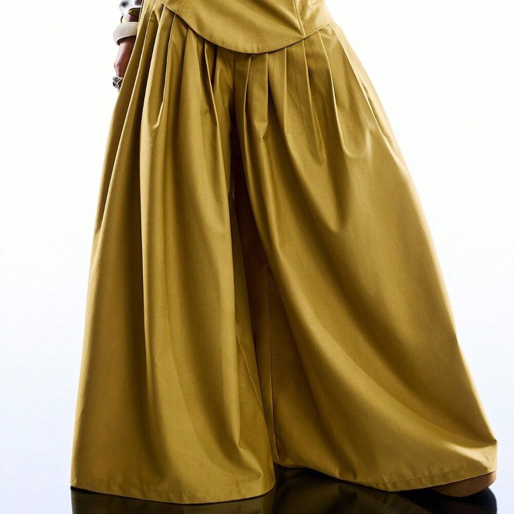 Yellow Casual Women's Pleated Wide Leg Pants - Picture 5 of 8